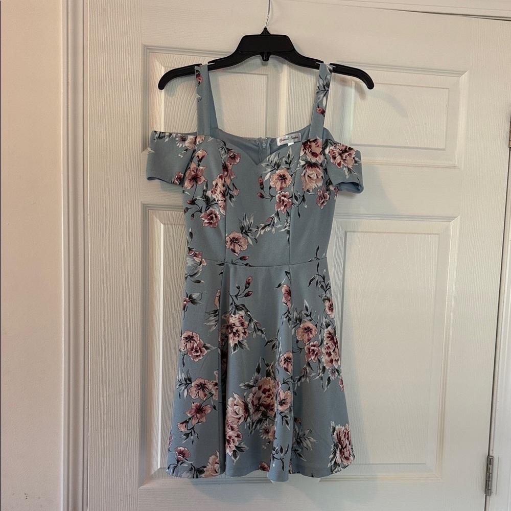 Emerald Sundae Blue Dress with Pink and White Floral Pattern